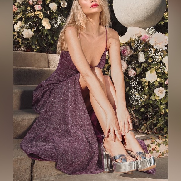 Lulu’s Truly Dazzling Magenta Purple Multi Glitter Sparkle Spaghetti Straps Gown - Picture 6 of 11